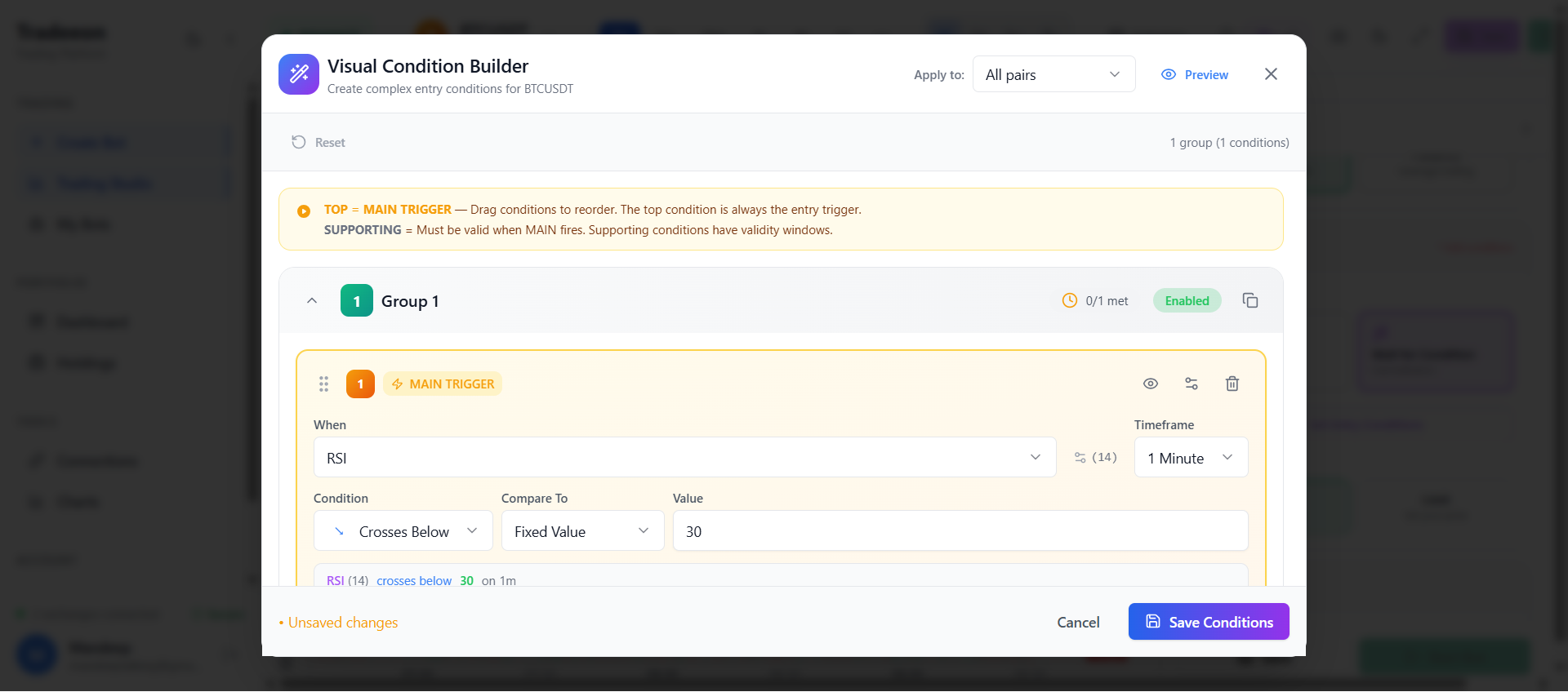Tradeeon Visual Condition Builder